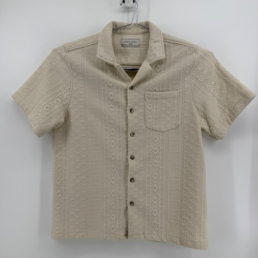 Maison Article Button Down Men L Cream Geometric Textured Knit Camp Collar Shirt